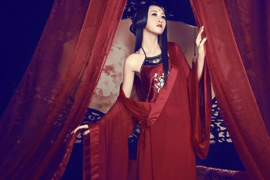 汉服红色艺术写真盘子女人坊主题服装女古装性感睡衣睡袍影楼服饰