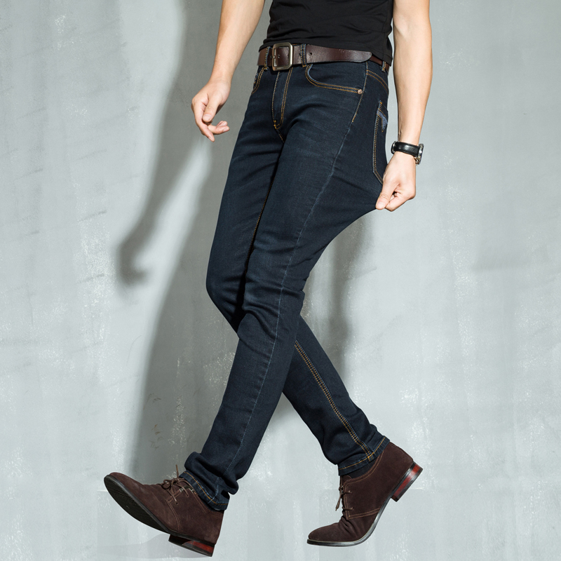 春季款超高弹力黑色牛仔裤男装弹性修身小脚裤运动大码长裤子潮男