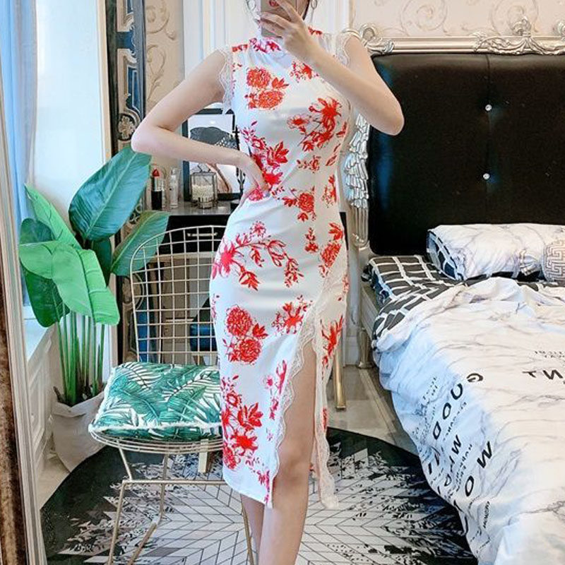 女装大佬蕾丝开叉旗袍伪娘cos用品cd变装连衣裙