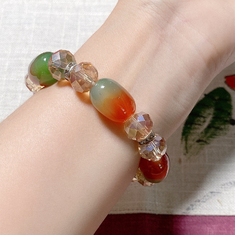 手链情侣天然玛瑙正品玉髓三彩彩色桶珠款男女手链