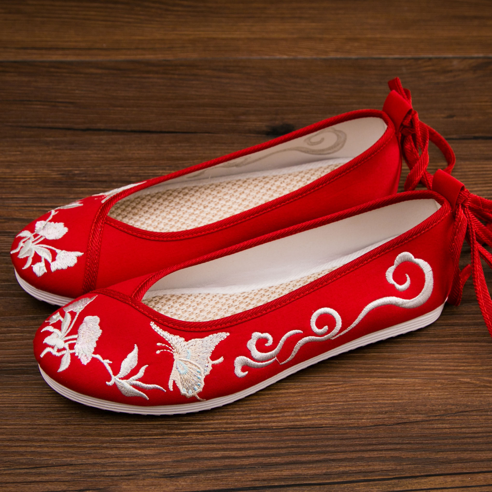 古风汉服女式百搭复古平底系带古装绣花鞋中国布鞋