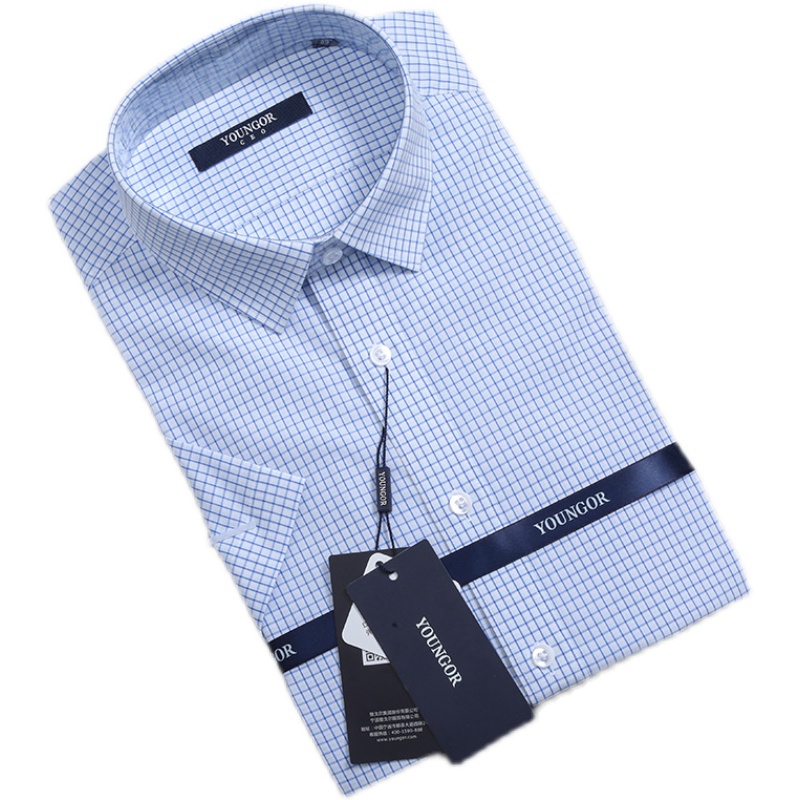 雅戈尔夏季短袖dp免烫男士衬衫蓝色格子修身衬衫