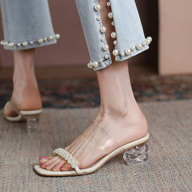 雨丝家网红透明凉鞋女夏外穿一字拖鞋中跟ins一字拖