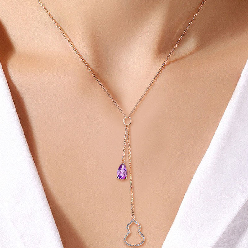项链s925天然紫水晶吊坠新款彩色宝石配饰女生项链