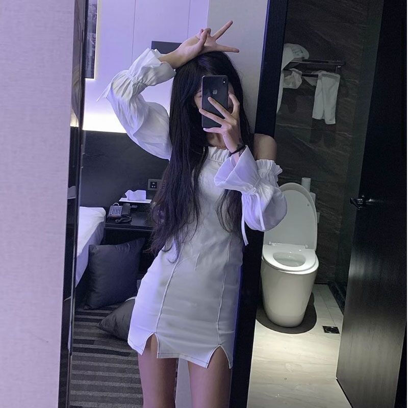 社会女裙子快手网红同款性感一字肩抹胸连衣裙包臀显瘦开叉连衣裙