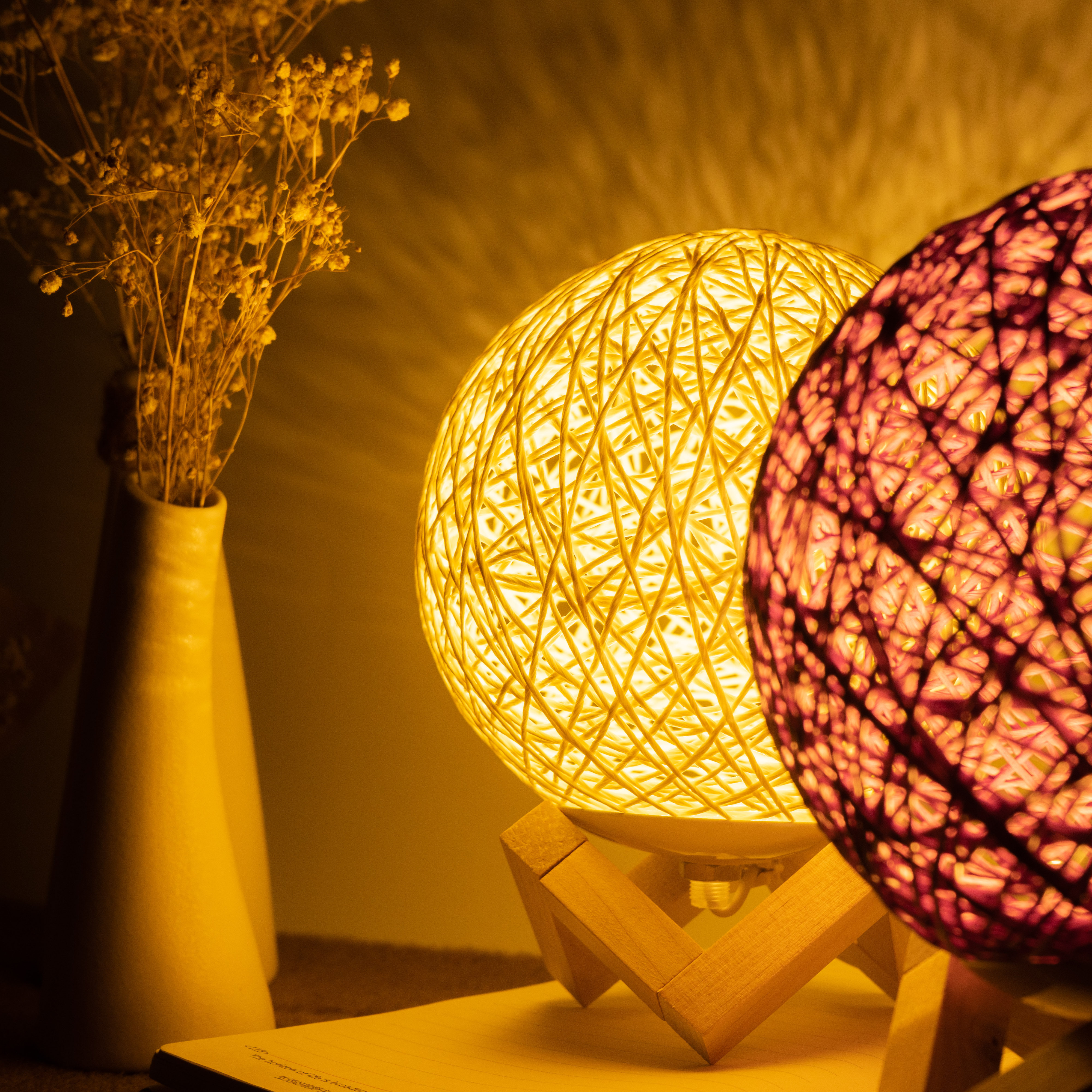 创意遥控插电led光源台灯麻绳藤球床头卧室小夜灯