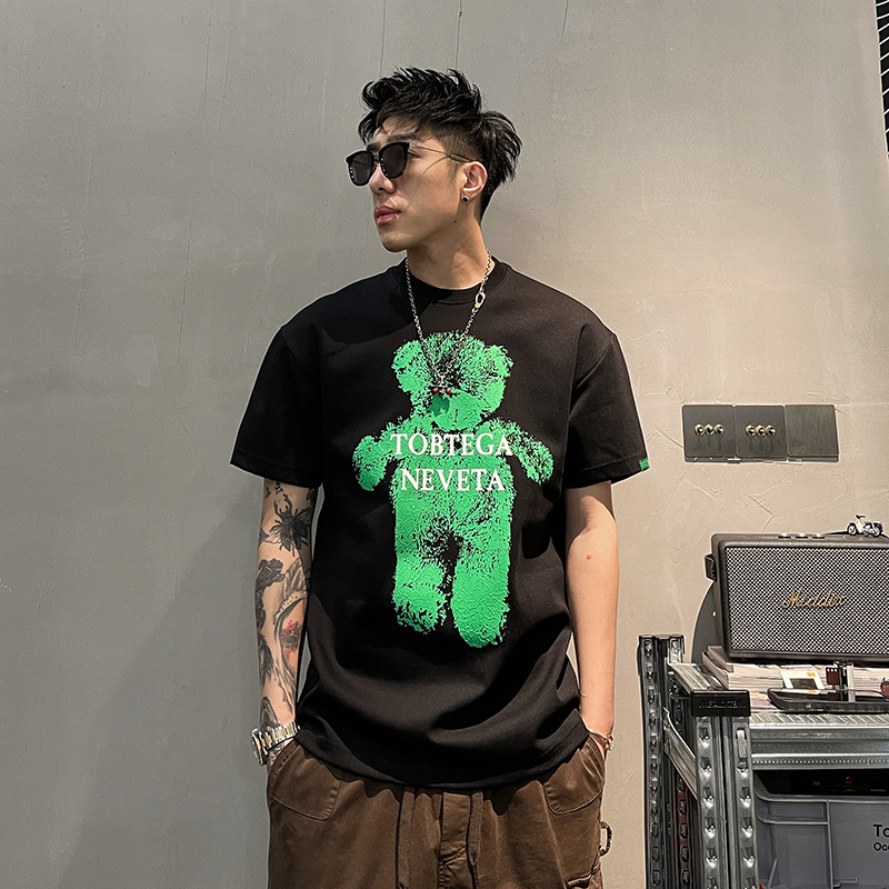 夏季男士时尚小熊印花T恤韩版圆领潮牌短袖宽松美式上衣痞帅体恤