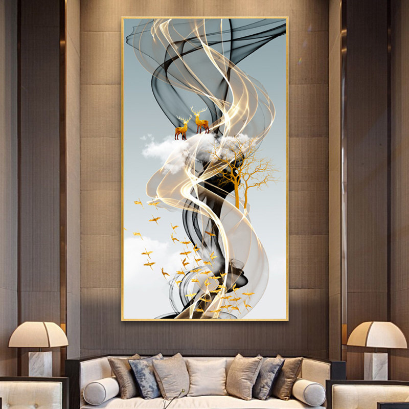 别墅挑高中空客厅壁画电视背景墙高档装饰画走廊现代装饰画