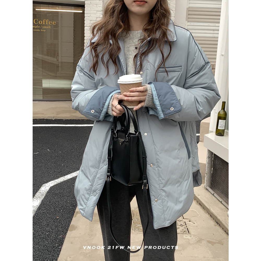 VNOOK 羽绒服女2021年冬新款撞色时尚洋气中长款宽松轻薄流行外套