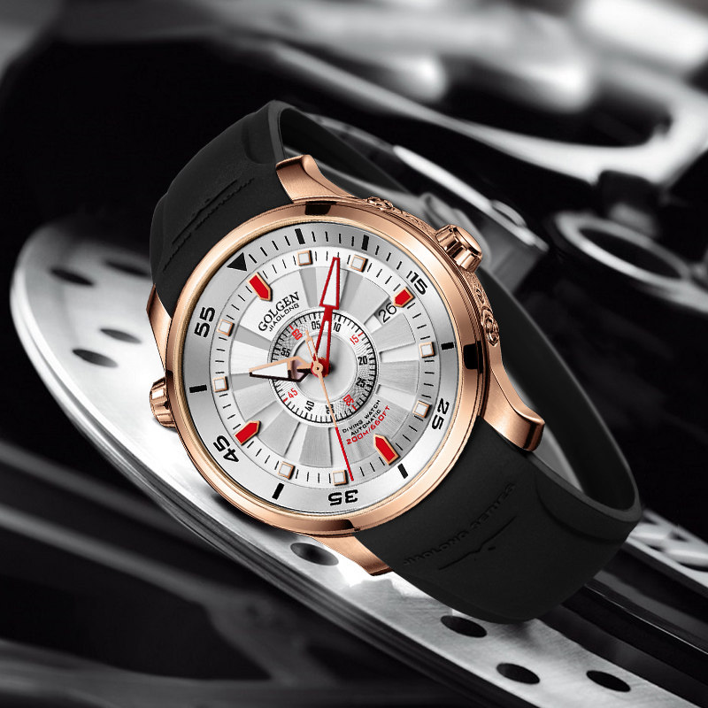 golgen古尊手表蛟龙200m防水运动潜水男表橡胶国产腕表