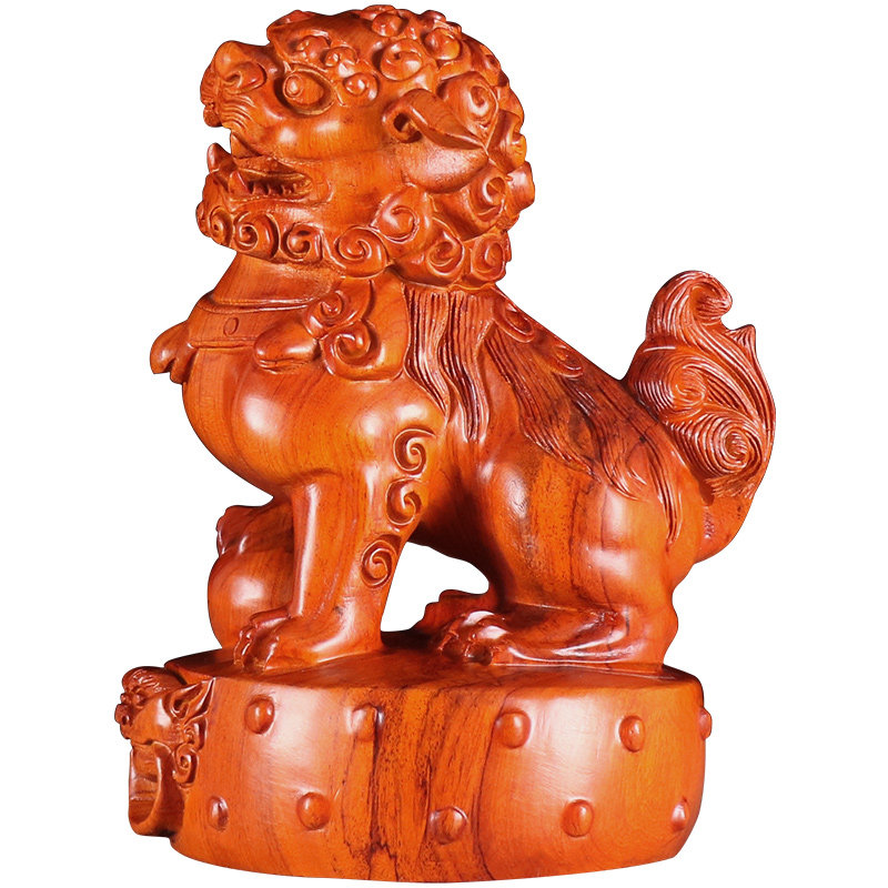 木雕铁圈礼业花梨木木狮子摆件一对木质木头实木木雕