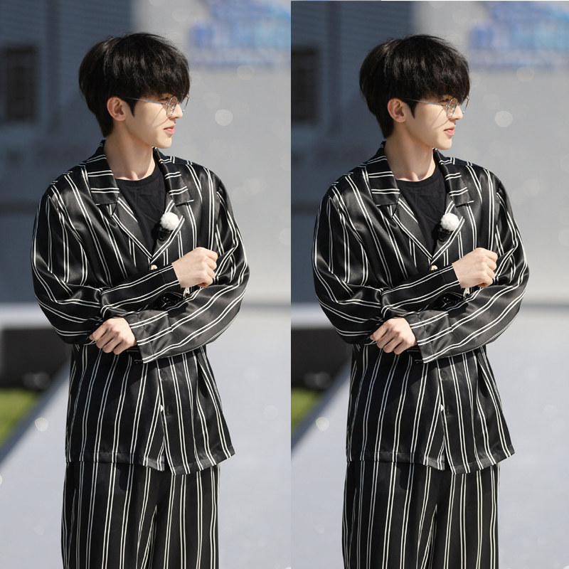 奔跑吧蔡徐坤同黑白条纹衬衫睡衣套装韩版潮流睡衣
