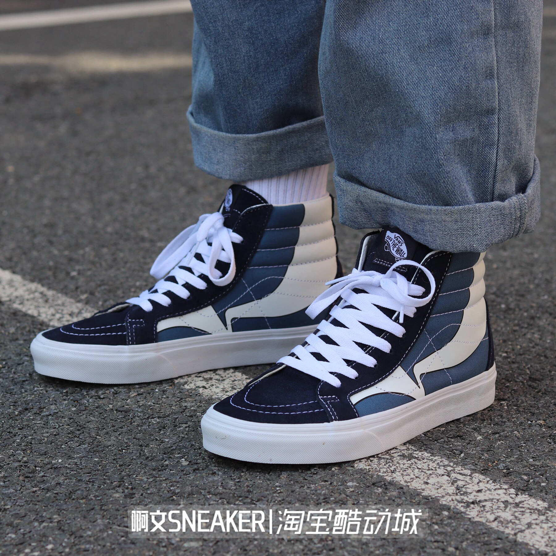 啊文vans海军蓝印印花sk8hi蓝白高帮男女情侣帆布鞋