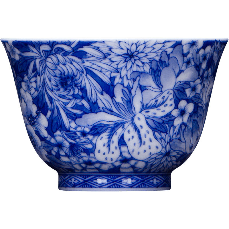 圣大陶瓷功夫功夫茶茶杯主人手绘青花万花献瑞品茗茶杯