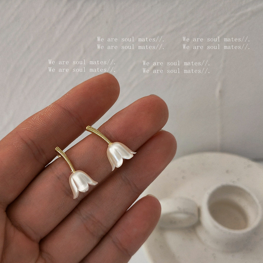 s925银针宫廷法式郁金香珠光立体花枝耳饰气质耳环