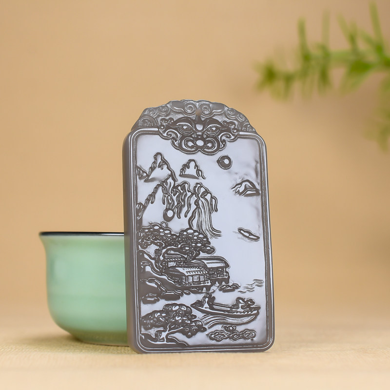 玉翡新疆和田玉山山水山水玉玉牌吊坠风景无事颈饰