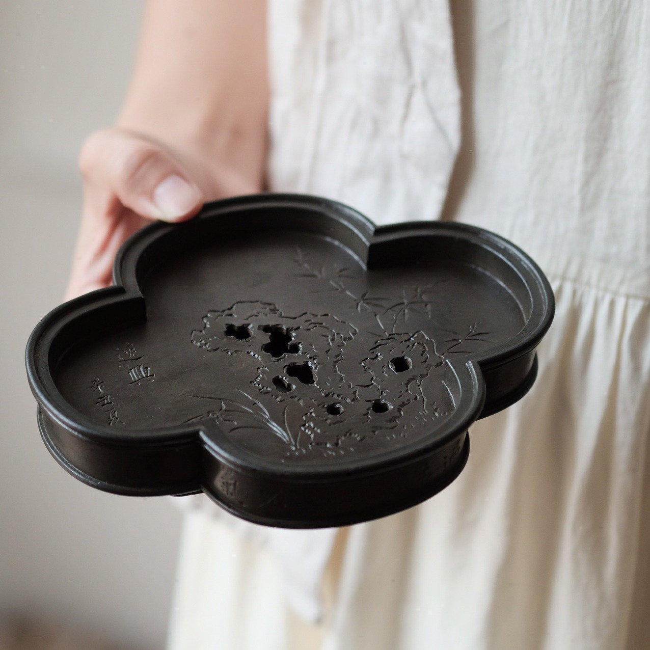 乾茂号号造古锡壶海棠纯锡雕刻锡盘干泡壶托双层茶道