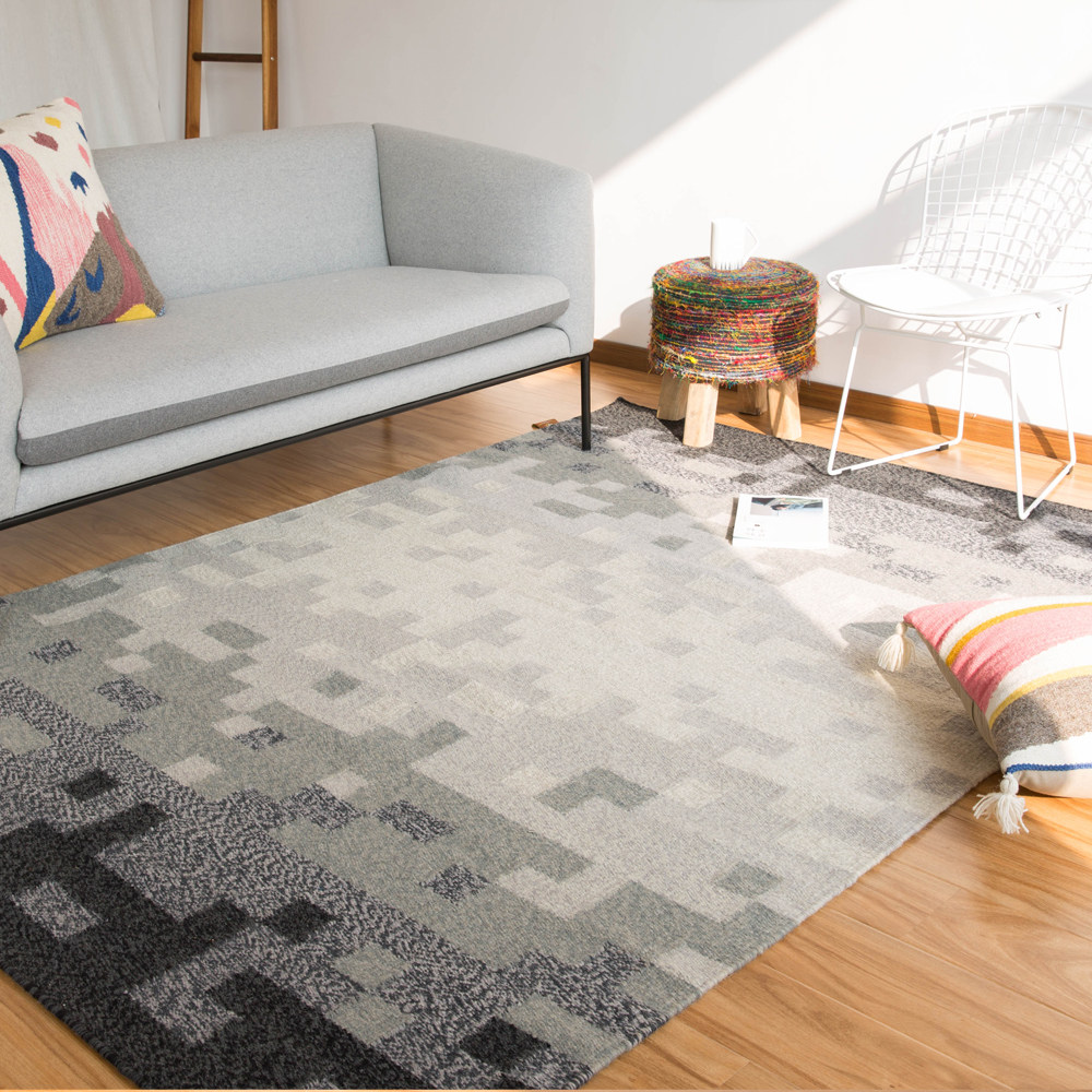 地毯客厅北欧丹麦设计手工羊毛编织黑白灰几何地毯