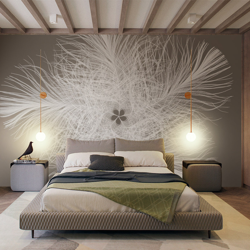 宝纳定制壁画现代羽毛雪绒花卧室床头背景墙壁纸定制壁画