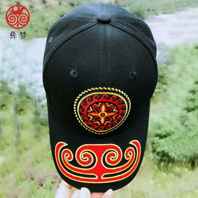 彝梦原创刺绣绣花鸭舌帽太阳帽黑色白色凉山彝族帽子