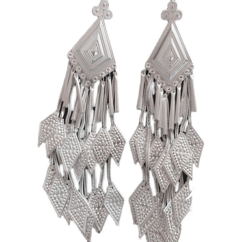 耳环凉山彝族女款纯银菱形三层长流流苏传统耳环