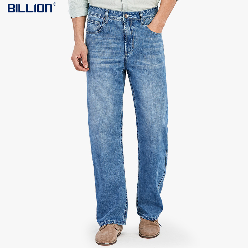 Billion春季新款阔腿牛仔裤男宽松直筒高腰纯棉蓝色猫须高端男裤