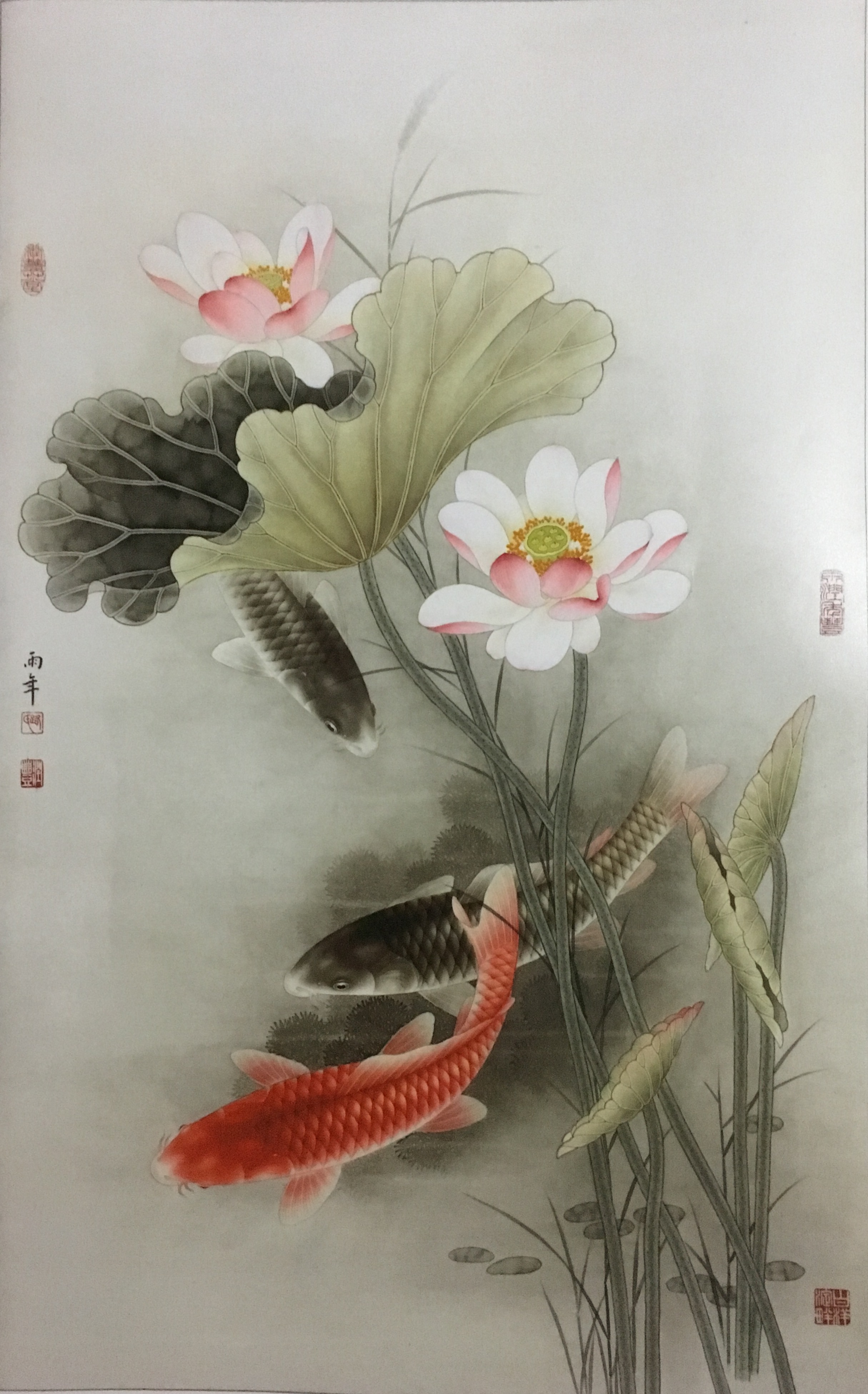 工笔画底稿路雨年4尺荷花鲤鱼竖幅参考白描打印稿国画