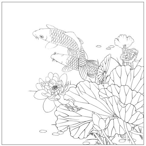 工笔画底稿路雨年荷花鲤鱼斗方白描打印稿宣纸本店国画