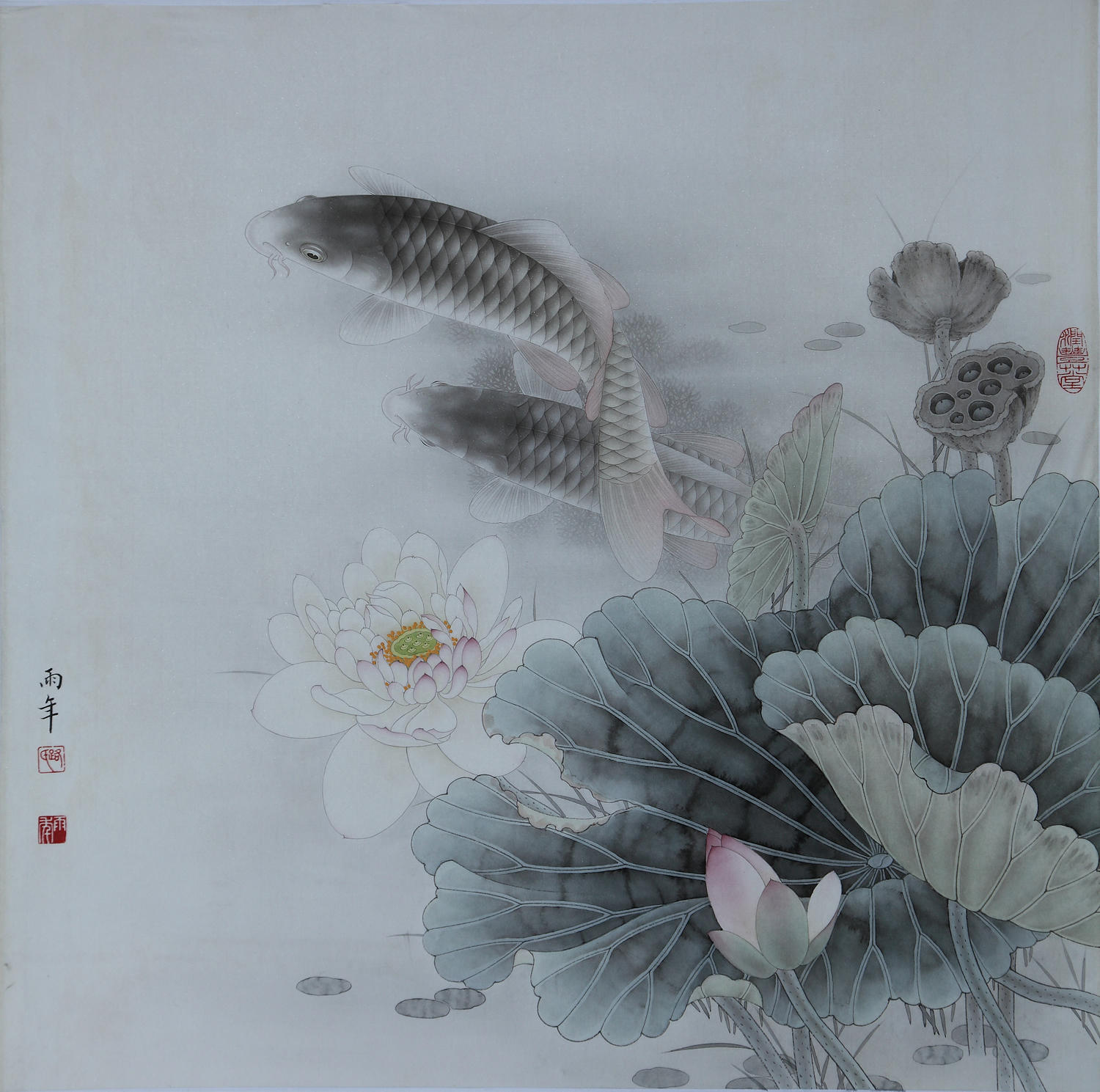 工笔画底稿路雨年荷花鲤鱼斗方白描打印稿宣纸本店国画