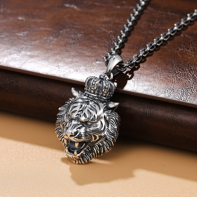 s925纯银个性白虎男士吊坠霸气十二生肖虎头项链项坠