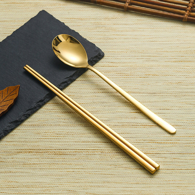 韩式不锈钢筷子金色勺子韩国料理实心扁筷烤肉筷子