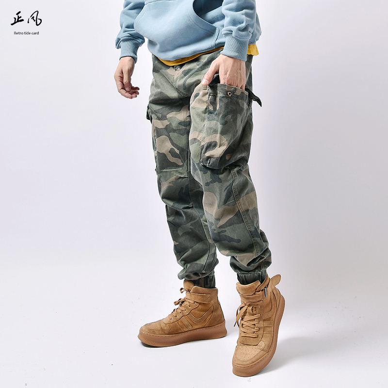 国潮重磅战术迷彩工装裤厚束脚裤配马丁靴裤子男士宽松BF秋冬长裤