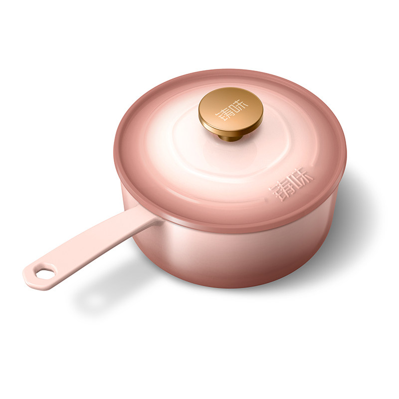 铸味铸铁奶锅粉红珐琅汤锅炖锅18cm家用单柄煲汤锅