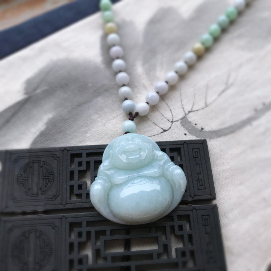 天然a货缅甸翡翠玉佛公吊坠 弥勒佛笑佛毛衣链玉佩女款玉项链大号