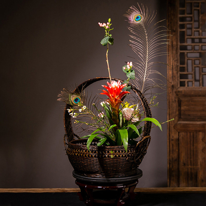 花叶花篮摆件竹编手提竹篮藤编提篮花艺艺花花篮