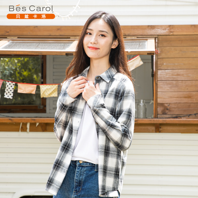 贝兹卡洛女装长袖衬衫格纹2022秋季新款纯棉英伦风衬衫