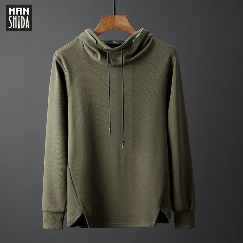 男士长袖连帽卫衣休闲高圆领不规则下摆男装秋季上衣炸街外套潮流