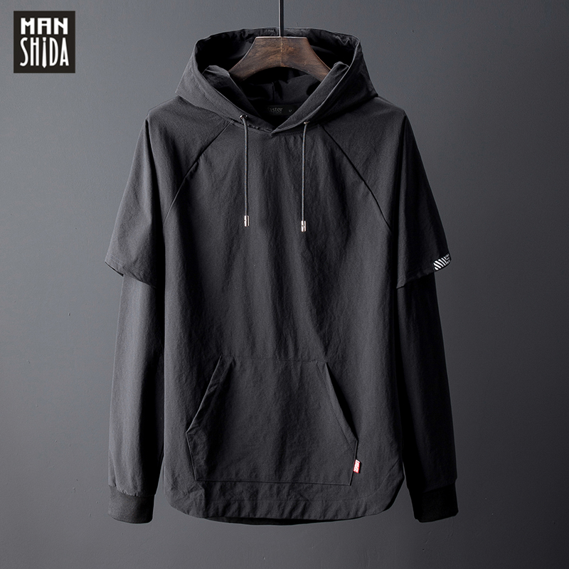 2021新款假两件连帽卫衣男长袖春秋潮牌薄款宽松男士早秋上衣外套