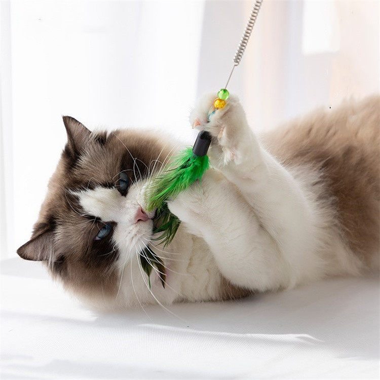 宠物用品猫咪玩具彩色羽毛铃铛弹簧长杆逗猫小猫逗猫棒