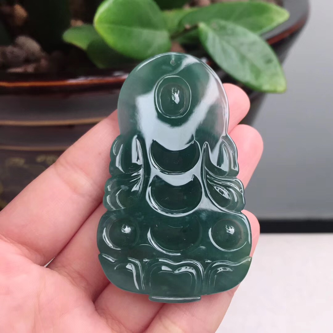 手机实拍缅甸天然翡翠老坑莹润蓝水观音菩萨吊坠颈饰