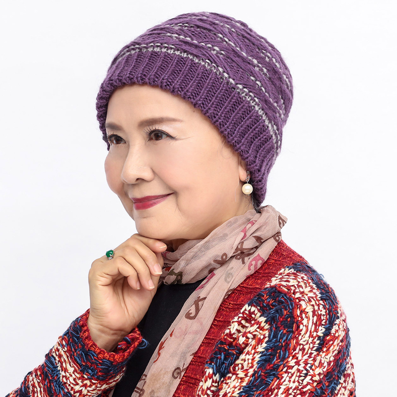 老人帽子女秋冬天中老年混色针织毛线帽双层加厚保暖套头帽奶奶帽
