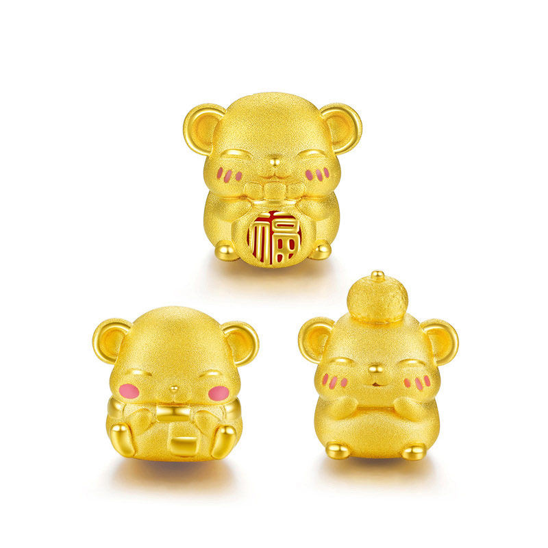 新品黄金转运女足金老鼠3d硬金本命年红绳生肖手饰