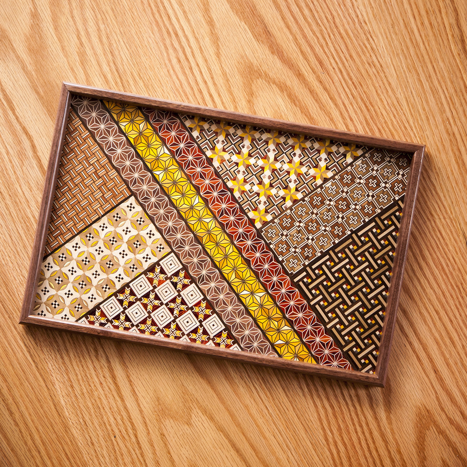 日本寄木细工手工拼花家用长方形茶盘日式实木茶盘