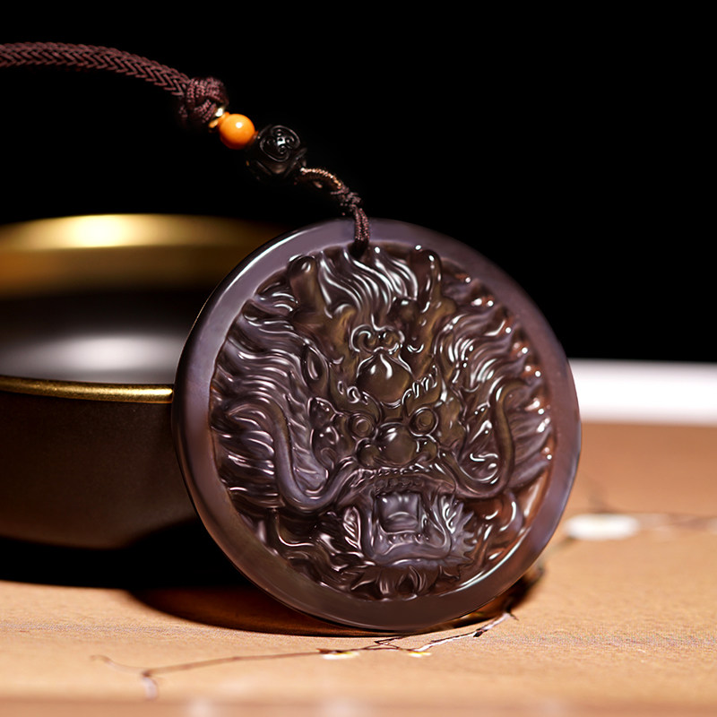 冰种彩虹眼黑曜石龙头吊坠男士霸气招财项链项坠