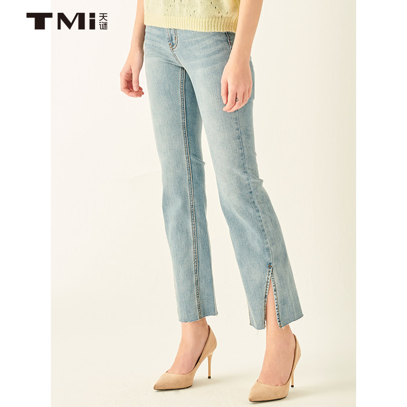 商场同款天谜女装夏季热卖蓝色水洗侧开牛仔裤牛仔裤