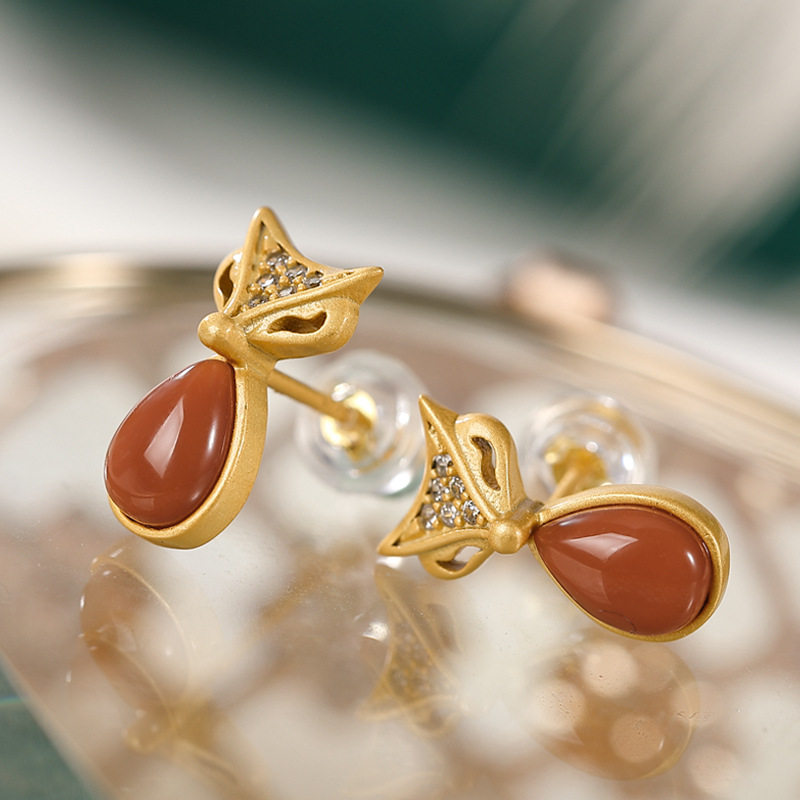 2022年新款纯银镀金天然南红玛瑙耳环可爱小狐狸耳钉