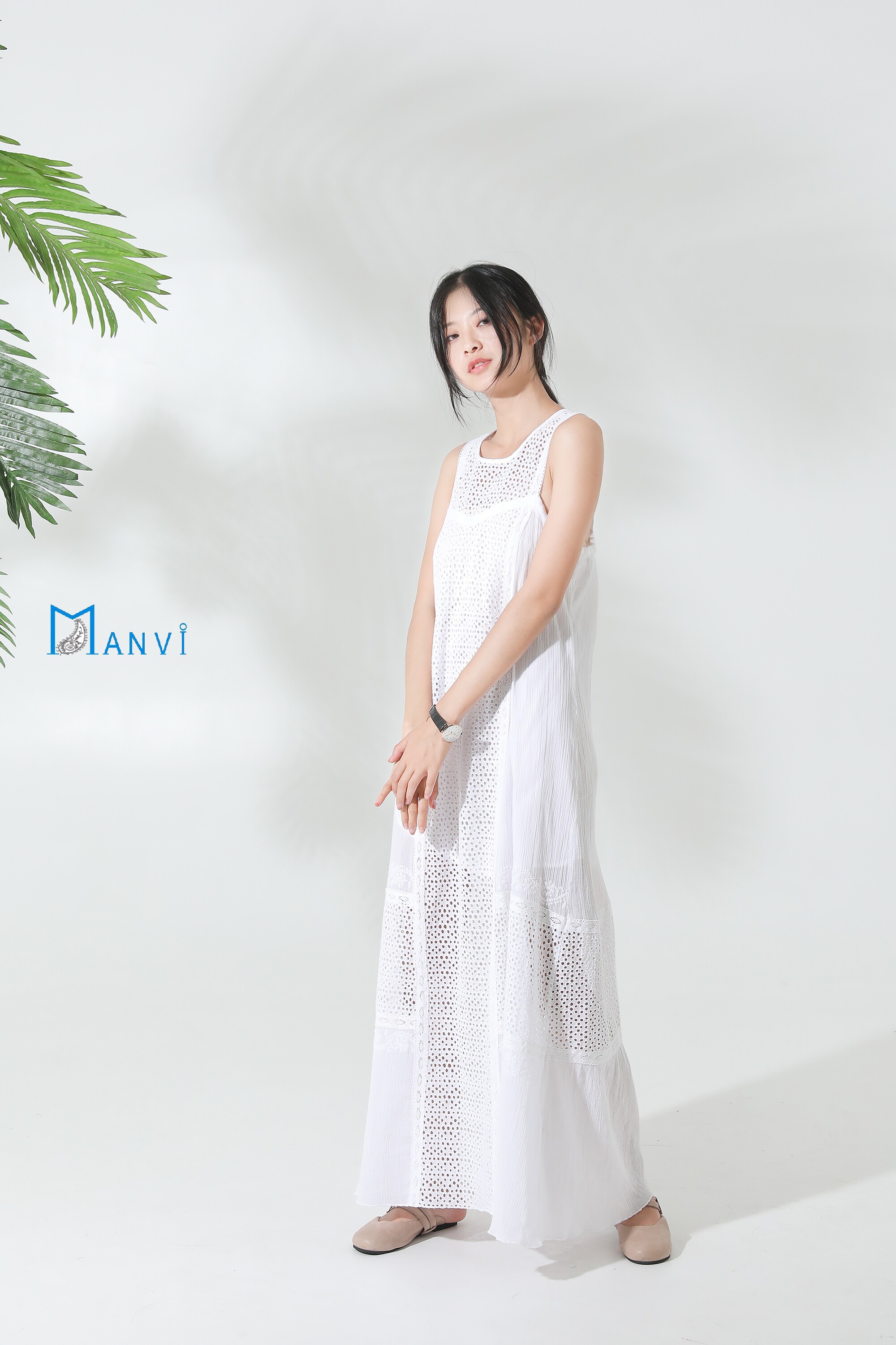 manvi曼微秋季新款白色长裙 纯棉长款高档气质显瘦女装纯手工刺绣