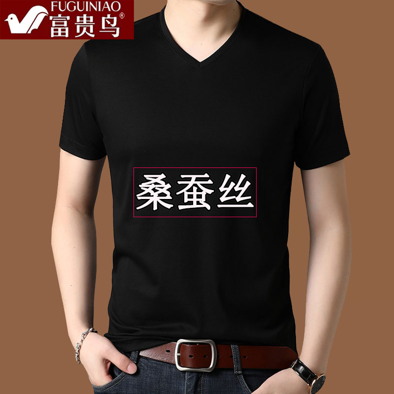 富贵鸟桑蚕丝短袖t恤男2022夏季新款V领纯色休闲半袖中青年体恤衫