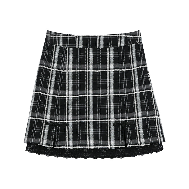 暗黑格子字包性感拼接蕾丝飒风系格街酷高腰半身裙