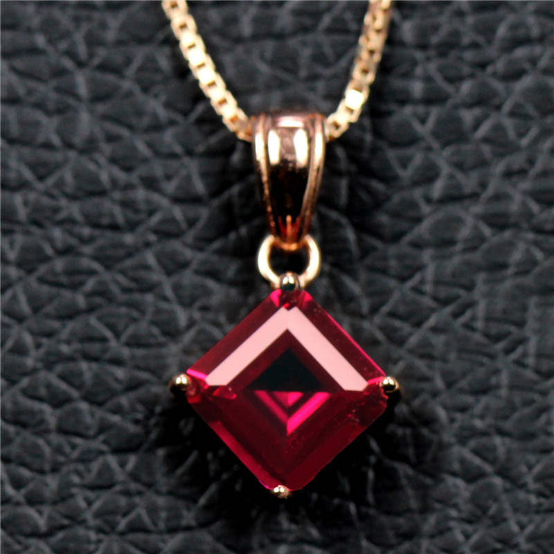 正方形红宝石吊坠纯银项链坠子血红彩宝颈饰锁骨颈饰